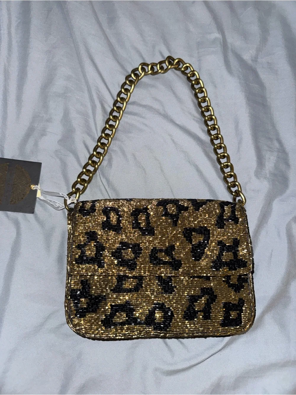 Beaded Cheetah Gold Chain Shoulder Bag Handmade in India New with Tags
